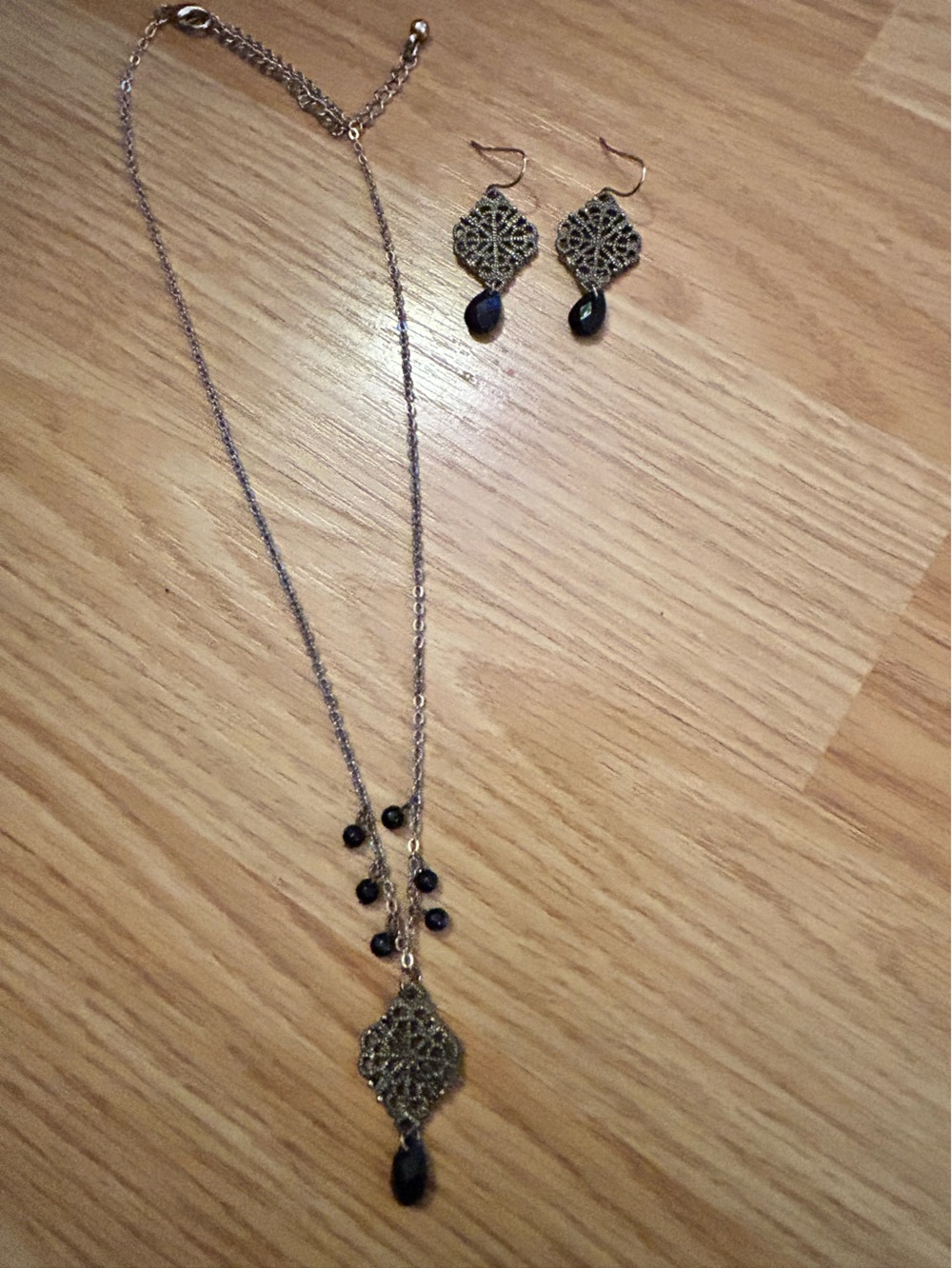 Antique Brass Filigree Pendant Necklace and Drop Earrings Set in Black - Vintage
